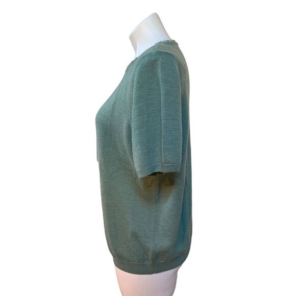 Vintage 90s Cable Knit Short Sleeve Sweater Shirt Beaded Green Large - Picture 4 of 9